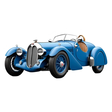  1936 luxury racing Bugatti lowered powerful 4 cylinder engined racing car featuring advanced rugged 4 wheel independent suspension, power steering, disc brakes and small leather covered steering wheel  sticker