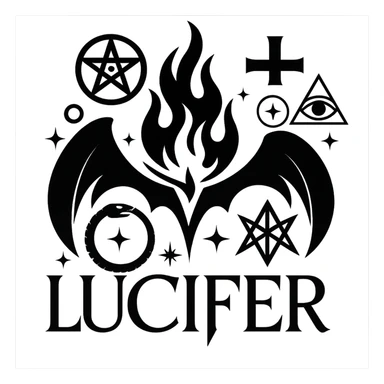 Add more occult symbols to Lucifer's emblem, keeping it dramatic, dark, and mystical, with a stylized flame or fallen angel motif. The emblem should have a transparent background. sticker