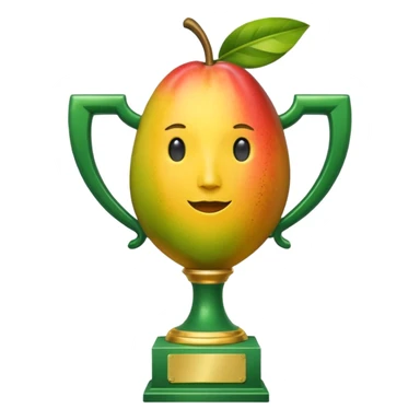 apple style emoji, trophy with a mango body, leaf on top, traditional trophy arms, no face sticker