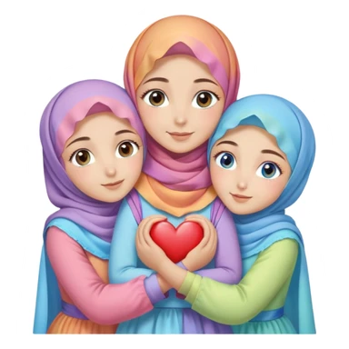 Four sister hugs Turkish girls beautiful finish Konya brown blue eyes with raimbow pastel hijab and heart dress and hugs  sticker