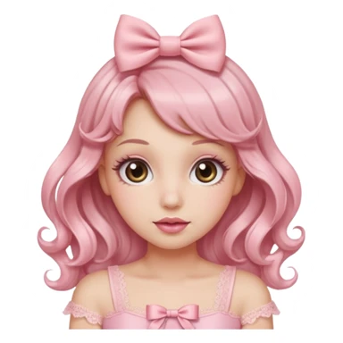 “Emoji girl, doe eyes, long fluttery lashes, soft pink blush, glossy rose lips, ribbon hair bow, romantic curls, wearing pastel pink lace top.” sticker