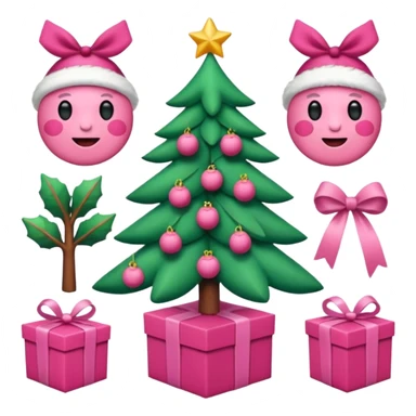 emojis estilo pixar de la cara de santa, arbolito rosa, reno, lazo coquet,bastones rosa, caja de regalo rosa, arbolito verde con bambalinas rosa sticker