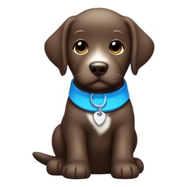Chocolate labrador puppy with small white fur on chest and cute blue collar sticker