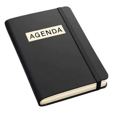 A professional-looking black Moleskine notebook opened flat showing a page with 'AGENDA' written at the top and a neat list of bullet points for meeting items sticker