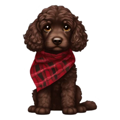 portrait Dark chocolate colored doodle with wavy fur wearing a red and black flannel handkerchief sticker