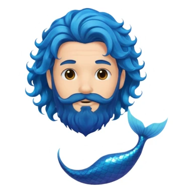 male with cascading, wavy blue mermaid hair and black beard, emoji style sticker