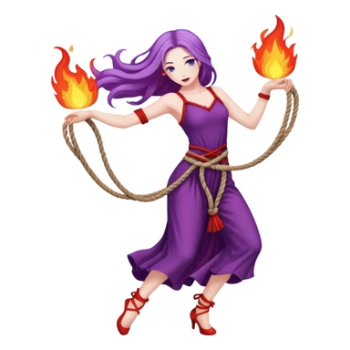 Full body rope on fire dance performer pale skin with long purple hair red dress sticker