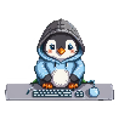 A cute penguin wearing a cozy hoodie typing on a computer keyboard sticker