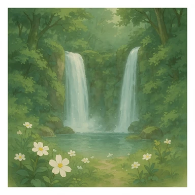 double waterfall in forest, some white flowers, natural colors, soft, fairy-like atmosphere, no background, square size sticker