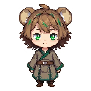 Young Rudeus Greyrat chibi, big green eyes, round face, messy light brown hair, wearing a tunic, cute and curious anime style sticker