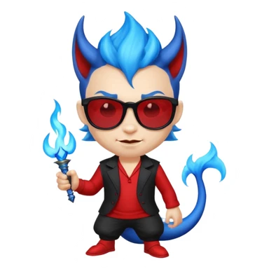 Cool devil with blue flame tail and shades, cute face, half body sticker