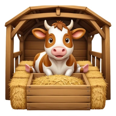 cute cow feeding scene inside a cow barn, wooden stable, hay bales, feeding trough, happy cow eating hay, warm farm lighting, 3D cartoon, mobile game icon style, clean background, no text, no watermark
 sticker