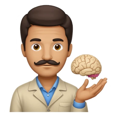 mustachioed man with dark hair holding a brain as an emoji no curl to mustache  sticker