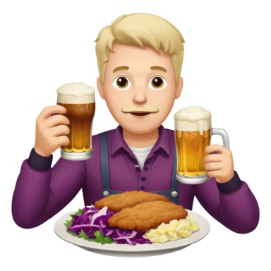German man eating schnitzel, potato salad, red cabbage, sauerkraut, and beer sticker