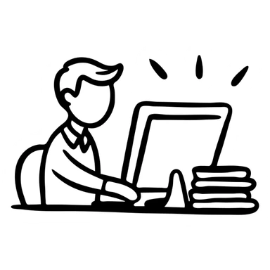 Manager at desk with computer and documents sticker
