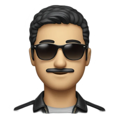 A young Iranian man with a short moustache in a cuir veste and Lacoste shirt and sunglasses and dark ai sticker