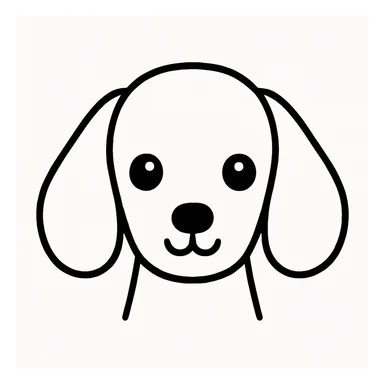 Minimalist kawaii line art of a Dachshund dog's head: long, oval head, long floppy ears, very simple face with two dot eyes, tiny round nose, upside-down 'Y' mouth. Thick, bold, clean black lines on white background, symmetrical, calm and sweet expression. No color or shading, just black linework. Slightly hand-drawn but polished, child-friendly. sticker