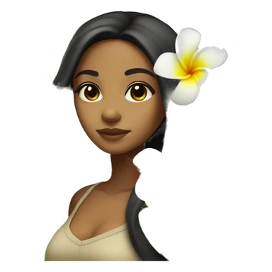 Brown Island girl with long black hair and a plumeria flower sticker