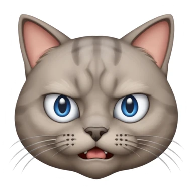 angry grey cat blue small slanted eyes. iphone real emoji style, made the cat look challenging sticker