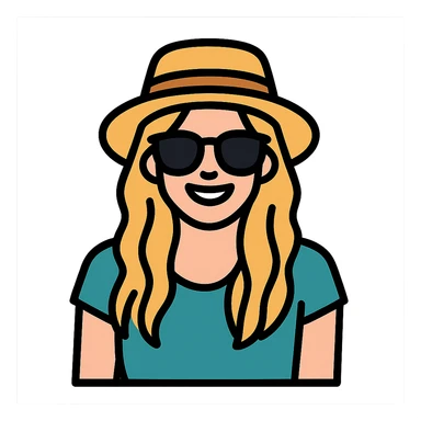 Add a stylish hat and sunglasses to the heroine, maintaining a modern casual look, smiling. sticker