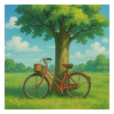 bicycle leaning against a tree, ghibli style sticker
