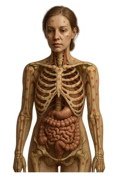 corpo umano anatomico di una donna affetta da fibromialgia, intestino anatomico realistico e red spot sparsi sulle sue ossa, iperrealistica 4k sticker