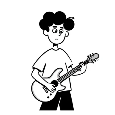 A musician holding a guitar, with a worried expression, looking up at the sky, concerned face, furrowed brow, waiting for an opportunity sticker