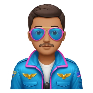 1980s cool man with stubble wearing reflective neon pink and blue aviator sunglasses and a pilot topgun jacket sticker