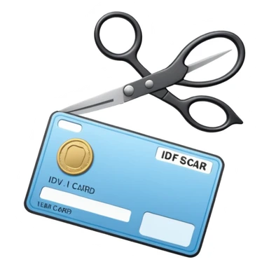 Floating black Scissors cutting a light blue idf ID card in 2 parts .hyper realistic sticker