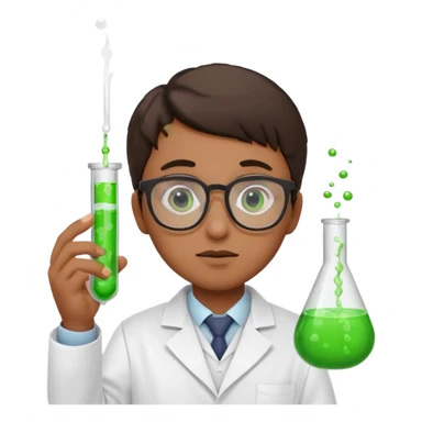 Portrait of a young scientist wearing a white lab coat, glasses, holding a test tube, curious expression sticker