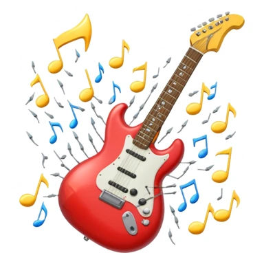 A 3D Apple-style emoji of a bold “ROCK” text written in shiny metallic letters, with an electric guitar leaning on the text, surrounded by small music notes and lightning bolts, energetic and powerful rock music vibe sticker