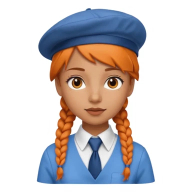orange braided hair girl, wearing white shir, a brown berret Hat, Blue Necktie sticker