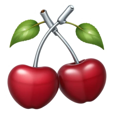 A pair of cherries emoji made of polished silver chrome, smooth rounded shapes, glossy metallic finish, soft highlights and reflections, cute proportions, iOS emoji style, centered, clean white background, no text sticker