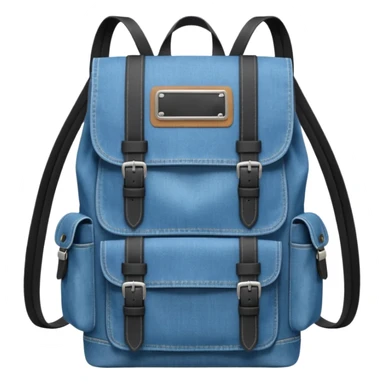 a blue denim backpack with a flap top, two vertical *black buckle straps* on the front, only at the top. The backpack has two side pockets and a soft square shape. 

 sticker