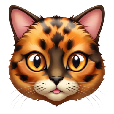 Cinematic Cute Tortoiseshell Cat Portrait Emoji, Head cocked sweetly with bright, curious eyes and a cuddly, mottled fur of rich browns and blacks, simplified yet charmingly adorable, highly detailed, glowing with a warm, gentle radiance, high shine, playful and endearing, styled with a dash of whimsical feline magic, soft glowing outline, capturing the essence of a cute tortoiseshell cat that seems ready to pounce with affectionate mischief! sticker