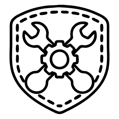 An embroidered patch with crossed wrenches and a gear design on white fabric, showcasing detailed stitching and contrasting colors.

 sticker