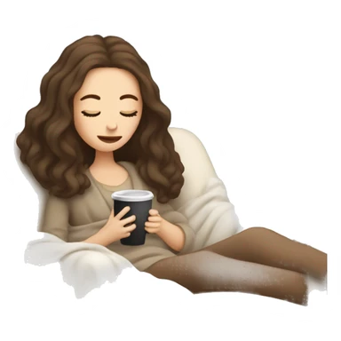 Brunette white girl covered in blanket sitting on a cozy chair holding coffee eyes closed sticker