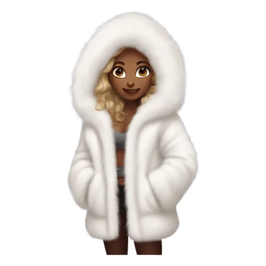 Tanned Girl with lashes ,  in an extremely big fluffy oversized white fur coat with hood on. The fur is real and it’s very obvious big and fluffy like in Pinterest  sticker