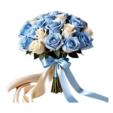 A backdrop of pearlescent ivory silk, draped like flowing water, provides the perfect setting for an exquisite bouquet of snow-white and pale blue roses, bound with a luxurious satin bow in soft beige. The ribbon’s ends curl gracefully, intertwining with delicate strands of pearls resting beside the bouquet. Above, a selection of metallic pearl balloons in warm champagne, opal white, and soft gold drifts effortlessly, their reflections creating a luminous, serene glow that enhances the timeless elegance of the scene. sticker