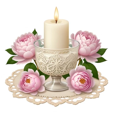 A small ivory wax candle in an ornate glass holder, placed on an antique lace doily, surrounded by loose soft pink rose petals, delicate white peonies, and blush dahlias, casting a warm, vintage glow.
 sticker