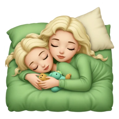 single-girl-in-Warm Cream-cozy-green-bed-sleeping-pretty-eyelashes-light-skin-with toy sticker