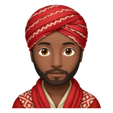 A dark-skinned man with brown eyes, a short beard, and a calm look, wearing a red patterned turban. sticker