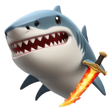 A shark wielding a sword with a fiery backdrop sticker