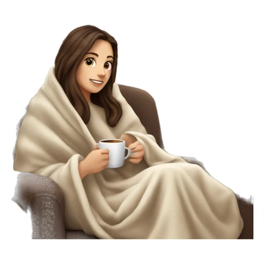 Brunette white girl covered in blanket autumn vibe sitting on a cozy chair holding coffee, window on the background sticker