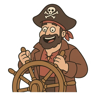 pirate steering a ship wheel, cheerful expression, simple style sticker