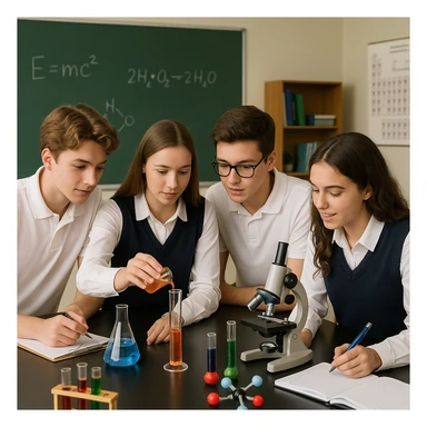 male and female students together, wearing school uniforms (white polo for male, white long sleeves and navy blue vest for female), working on a science experiment, hands-on learning sticker