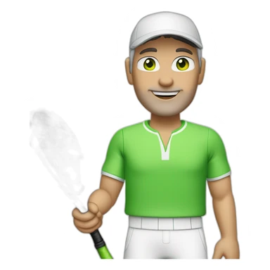 Tennisplayer white male in his 50s,Green eyes, gray hear, white cap with tennis raquet and tennis ball sticker