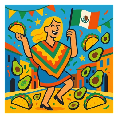 festive Cinco de Mayo cartoon of a tall blonde woman, smiling, wearing a colorful poncho, holding a taco and an avocado, waving a Mexico flag, dancing in the street, surrounded by tacos and avocados, lively street party background, bright and bold colors sticker
