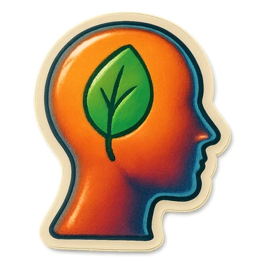 human silhouette or body with a leaf symbolizing mental health placed on the face, retro stickers style, clear outlines, strong shadows and highlights, fun and not too complex, psychosomatics and psychology theme sticker