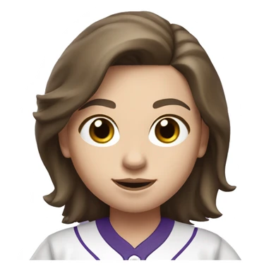 baseball card character. white female. shoulder length brunette hair. letter C logo. Purple and white uniform.  sticker